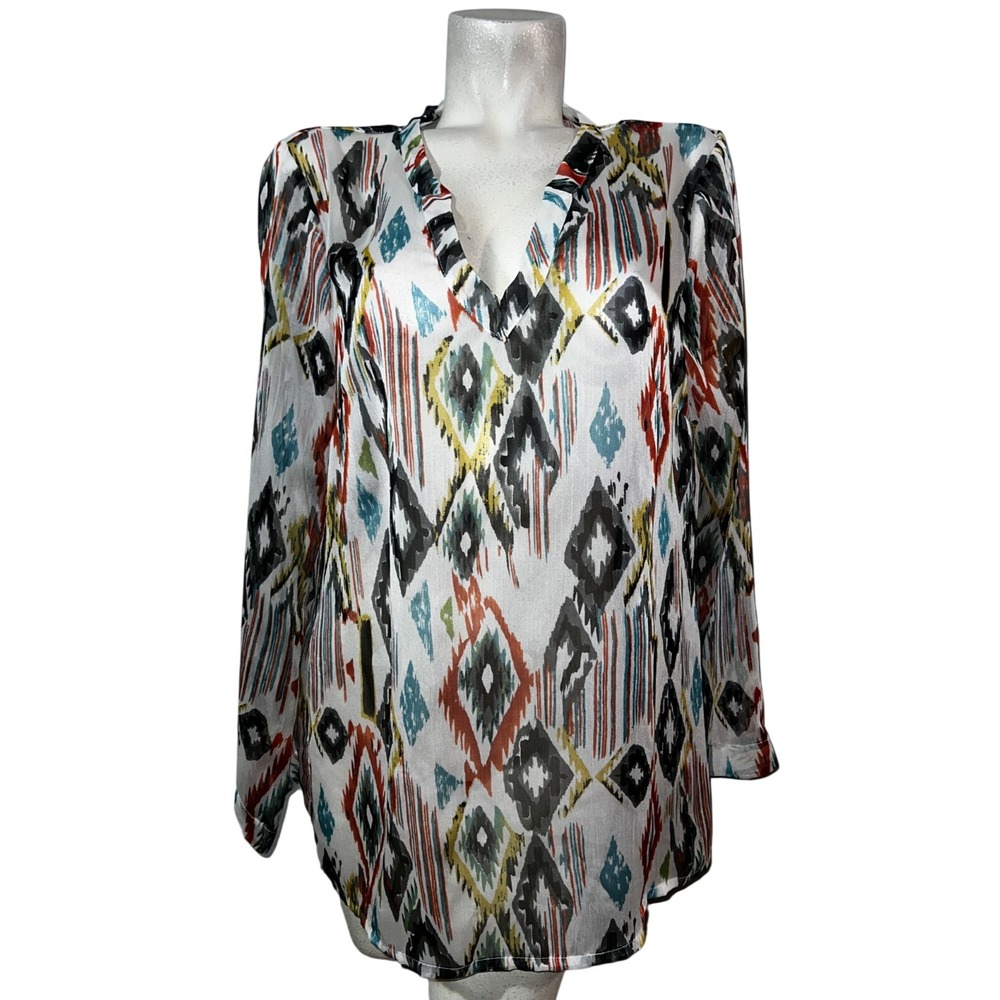 BLUE Saks Fifth Avenue Womens XL Ikat Diamond Print V-Neck Long Sleeve Blouse